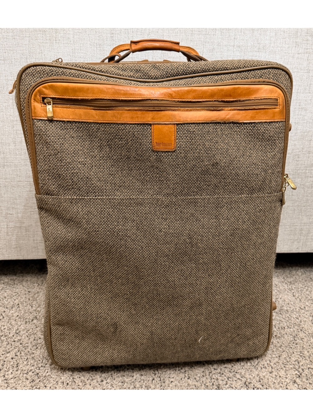 Hartmann Vintage Expandable Tweed Large Check Roller Bag with Tan Leather Trim